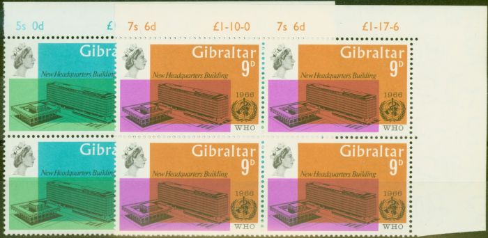Collectible Postage Stamp from Gibraltar 1966 WHO set of 2 SG193-194 V.F MNH Corner Blocks of 4
