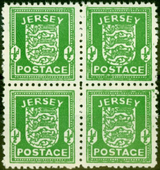 Rare Postage Stamp from Jersey 1942 1/2d Bright Green SG1 Fine MNH Block of 4