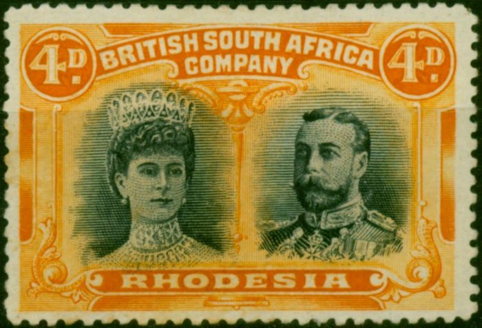 Rhodesia 1910 4d Greenish Black & Orange SG138Var 'Long Gash Kings Nose Flaw' Fine MM  King George V (1910-1936) Valuable Stamps