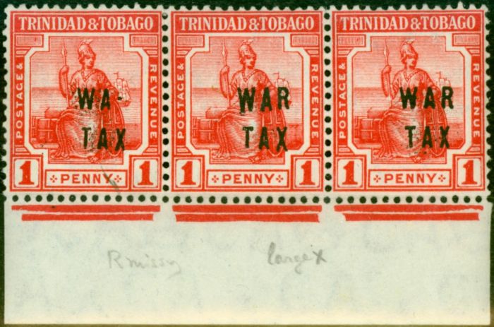 Collectible Postage Stamp from Trinidad & Tobago 1917 1d Scarlet SG185 Var R Omitted & Large X in Fine MNH Strip of 3