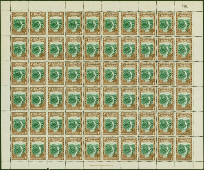 Rare Postage Stamp from Southern Rhodesia 1940 4d Green & Brown SG58 Fine MNH Complete Sheet of 60