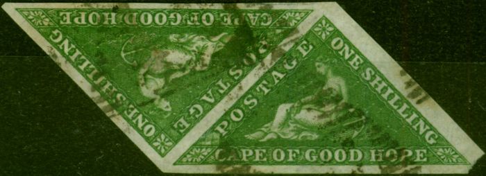 Old Postage Stamp from Cape of Good Hope 1858 1s Brt Yellow-Green SG8 V.F.U Pair