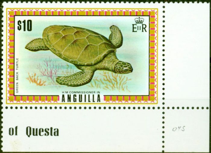 Rare Postage Stamp from Anguilla 1972 $10 Green Back Turtle SG144a Very Fine MNH