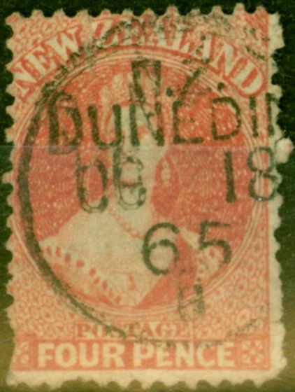 Collectible Postage Stamp from New Zealand 1865 4d Deep Rose SG119 Good Used 'Dunedin Oc 18 65' CDS