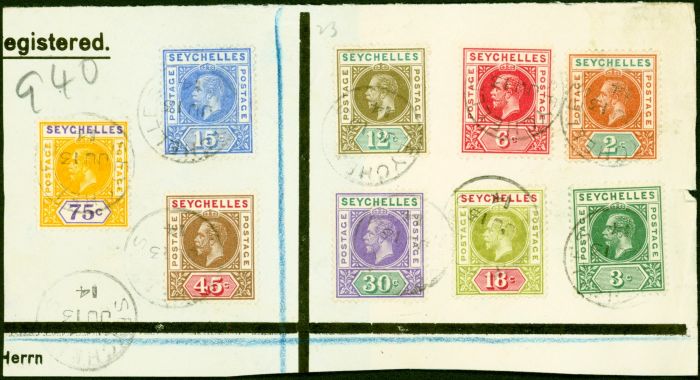 Old Postage Stamp from Seychelles 1912-13 Set of 9 to 75c SG71-79 on Part Reg Cover/Large Piece to Germany