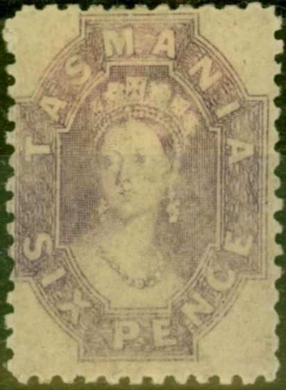 Old Postage Stamp from Tasmania 1865 6d Slate-Violet SG75 Worn Impression Fine Mtd Mint