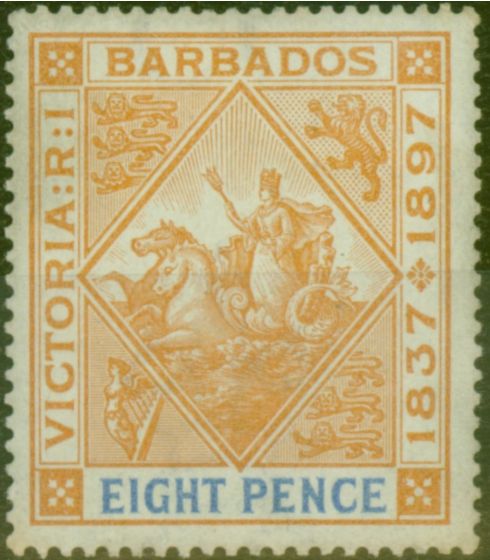 Collectible Postage Stamp from Barbados 1897 8d Orange & Ultramarine SG131 Blued Paper Fine Very Lightly Mtd Mint