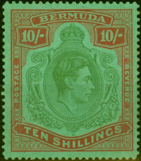 Rare Postage Stamp Bermuda 1942 10s Yellow-Green & Carmine-Green Line Perf 14.25 SG119b Fine MM