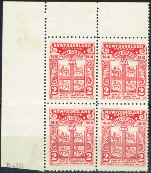 Collectible Postage Stamp from Newfoundland 1910 2c Rose-Carmine SG107 V.F MNH Corner Marginal Block of 4