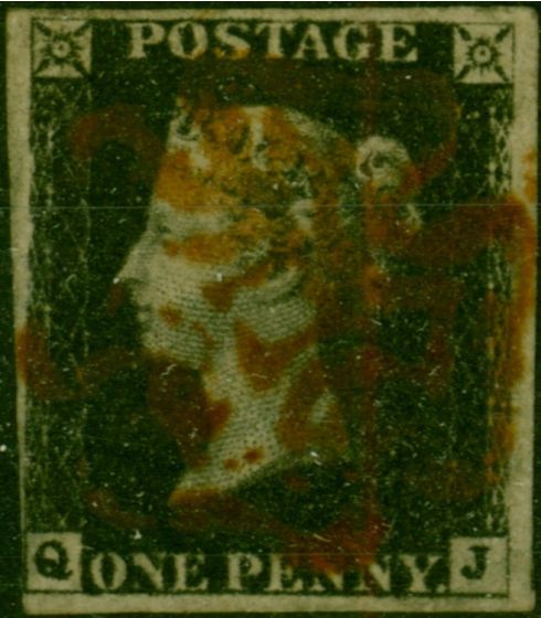 GB 1840 1d Intense Black SG1 Pl. 1a (Q-J) Fine Used Ruby Red MX 4 Margins . Queen Victoria (1840-1901) Used Stamps