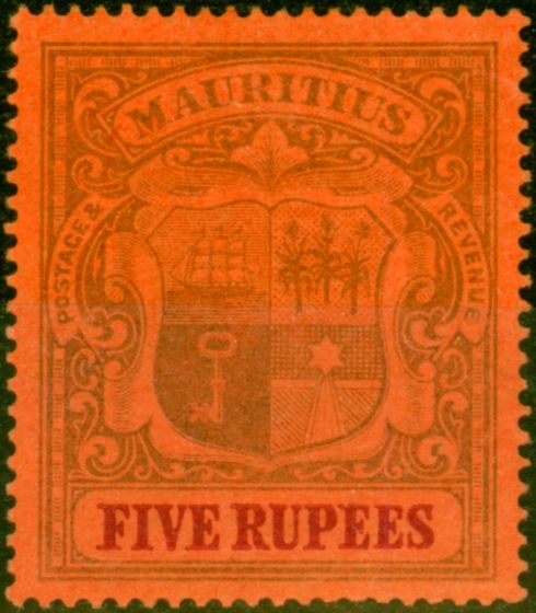 Old Postage Stamp from Mauritius 1902 5R Purple & Carmine-Red SG155 Fine Mint Hinged