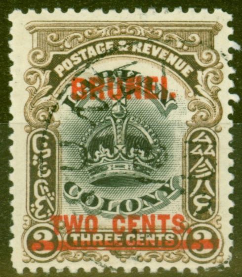 Old Postage Stamp from Brunei 1906 2c on 3c Black & Sepia SG12c Line Through B V.F.U Rare