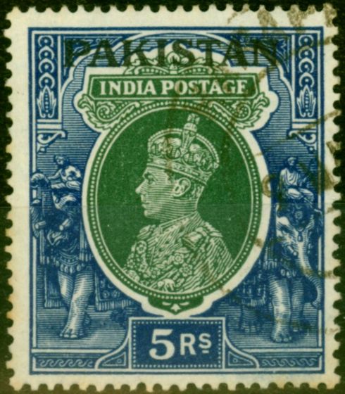 Rare Postage Stamp from Pakistan 1947 5R Green & Blue SG16 Fine Used