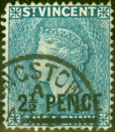 Valuable Postage Stamp from St Vincent 1869 2 1/2d on 1d Milky Blue SG49 var Showing Part Paper Markers Watermark Fine Used