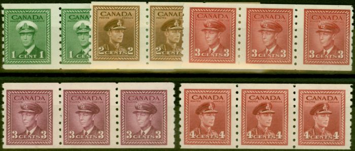 Old Postage Stamp from Canada 1942-43 Coil Stamps Set of 5 SG389-393 Very Fine LMM & MNH Strips of 3