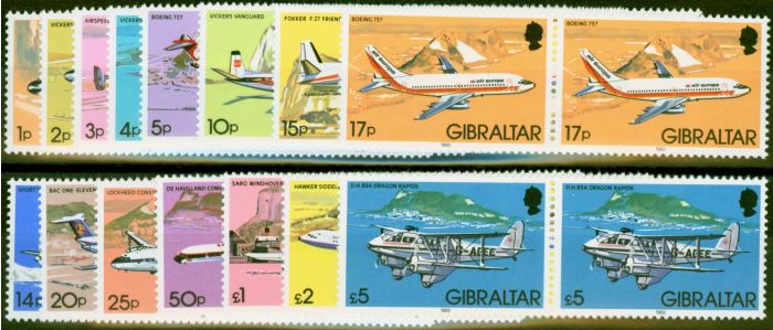 Old Postage Stamp from Gibraltar 1982 Aircraft Set of 15 SG460-474 Very Fine MNH Pairs