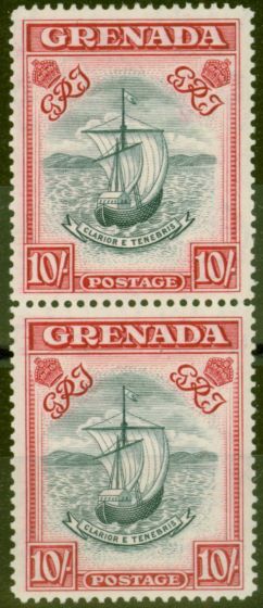 Old Postage Stamp from Grenada 1943 10s Slate-Blue & Brt Carmine SG163b P.14 Narrow Fine MNH Vert Pair