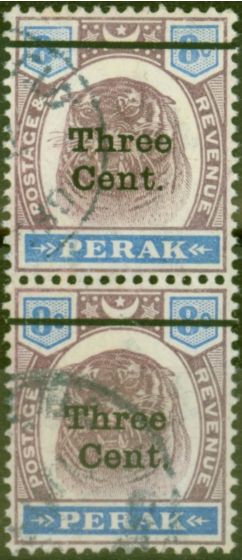 Rare Postage Stamp from Perak 1900 3c on 8c Dull Purple & Ultramarine SG84 Fine Used Pair