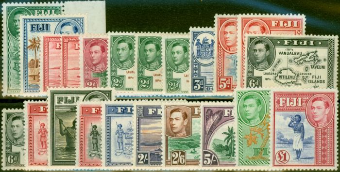Rare Postage Stamp Fiji 1938-55 Set of 22 SG249-266b Fine MNH