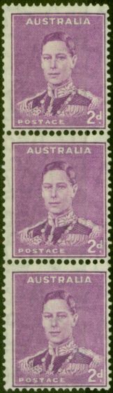 Old Postage Stamp Australia 1942 2d Bright Purple SG185a V.F MNH Coil Strip of 3
