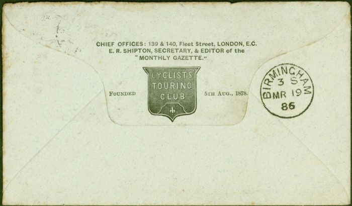 Rare Postage Stamp from GB 1886 Cyclists Touring Club Envelope to Birmingham Attractive Item for The Cycling Thematic