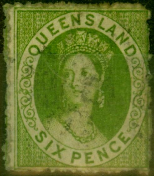 Rare Postage Stamp Queensland 1865 6d Yellow-Green SG47 Fine Used