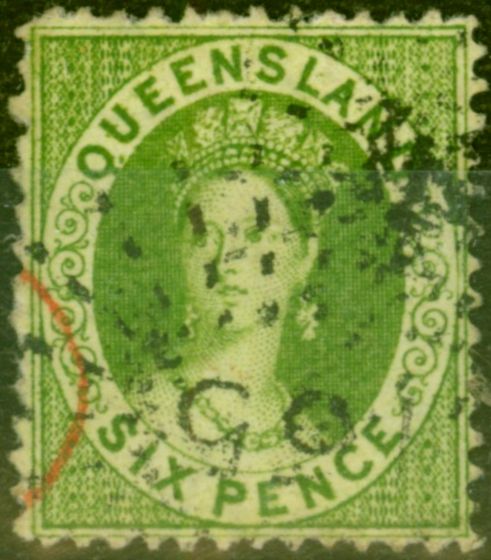 Valuable Postage Stamp from Queensland 1871 6d Green SG69 Fine Used