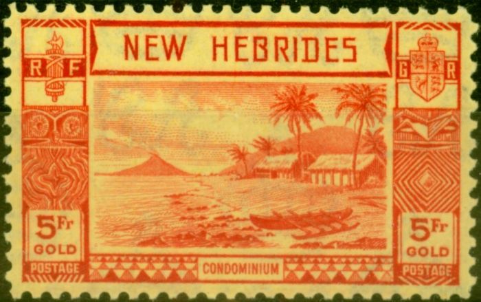 Old Postage Stamp from New Hebrides 1938 5F Red-Yellow SG62 Fine Very Lightly Mtd Mint