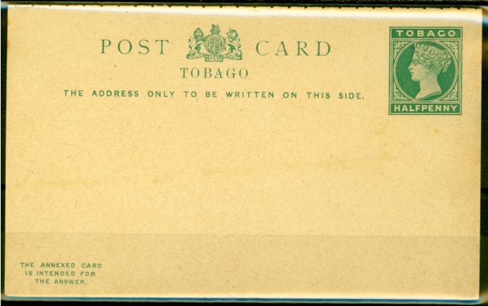 Old Postage Stamp from Tobago 1884 1/2d & 1/2d Postal Reply Postcard Fine & Fresh