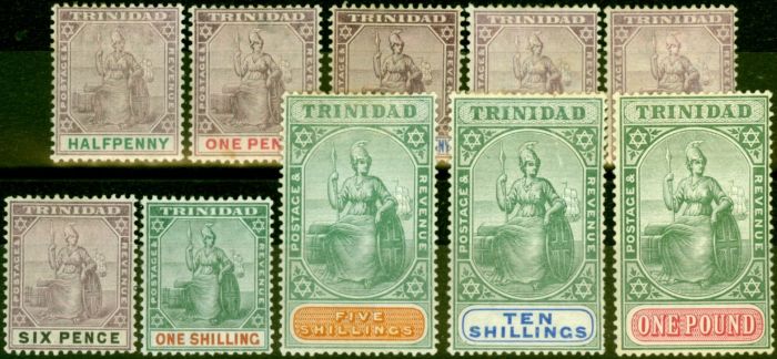 Old Postage Stamp from Trinidad 1896 Set of 10 SG114-124 Fine Mounted Mint