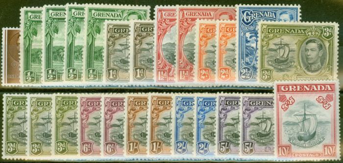 Rare Postage Stamp from Grenada 1938-50 Extended set of 25 SG152-163f All Perfs & Shades Fine Lightly Mtd Mint CV £230+