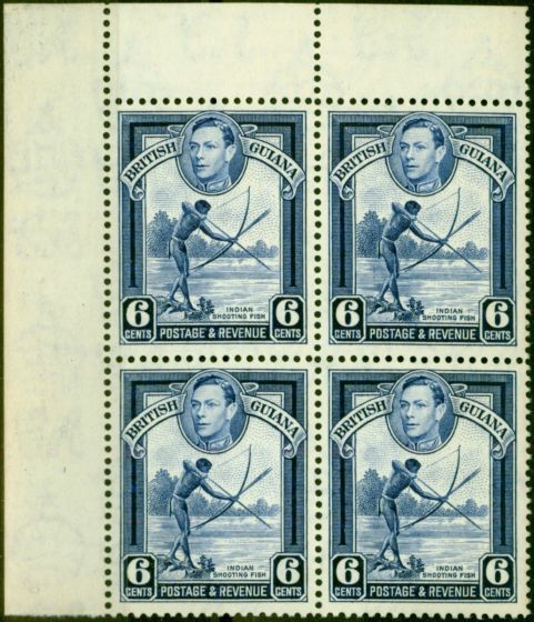 Rare Postage Stamp from British Guiana 1949 6c Deep Ultramarine SG311a P.13 x 14 Very Fine MNH Corner Block of 4