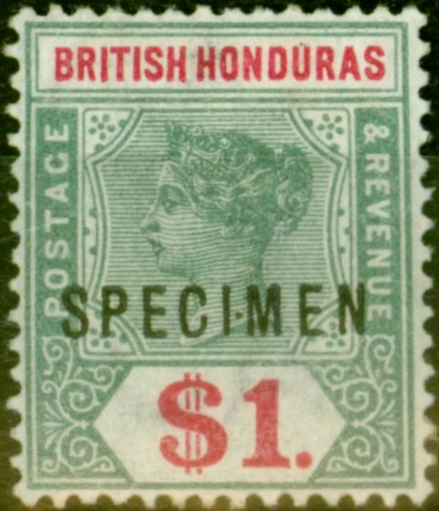 Old Postage Stamp from British Honduras 1899 $1 Green & Carmine Specimen SG63s Fine & Fresh Mtd Mint