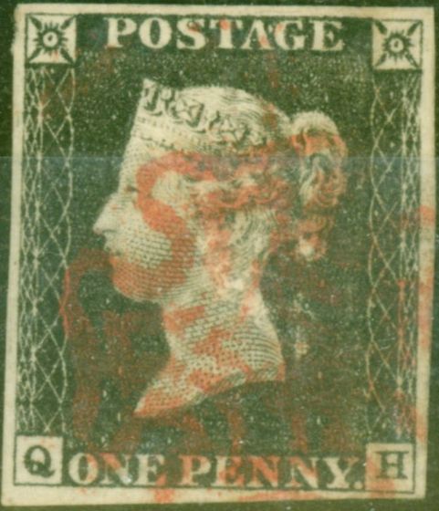 Collectible Postage Stamp from GB 1840 1d Grey-Black SG3 Pl. 3 (Q-H) Fine Used Red MX 4 Clear Margins