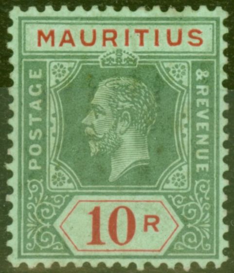 Old Postage Stamp from Mauritius 1921 10R on Emerald Olive Back SG204b V.F Lightly Mtd Mint