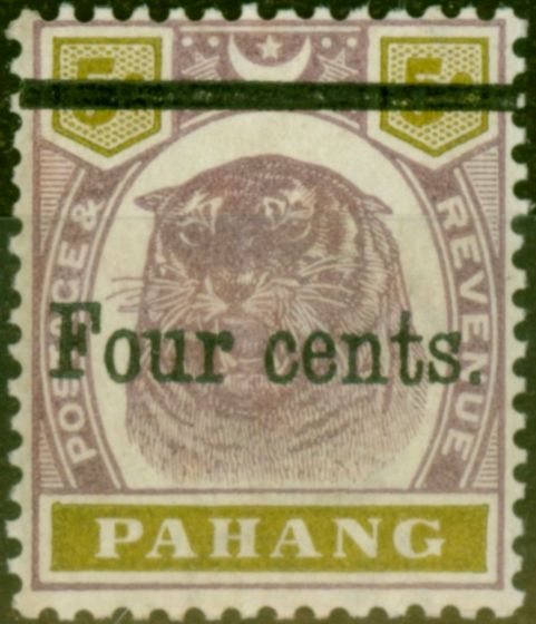Collectible Postage Stamp from Pahang 1899 4c on 5c Dull Purple & Olive-Yellow SG28 Fine MM