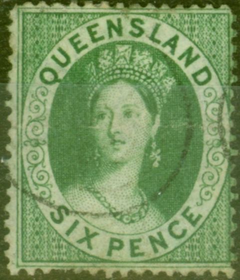 Rare Postage Stamp from Queensland 1860 6d Green SG6 Fine Used (1)