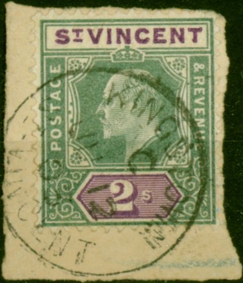 St Vincent 1902 2s Green & Violet SG83 Fine Used on Small Piece  King Edward VII (1902-1910) Rare Stamps