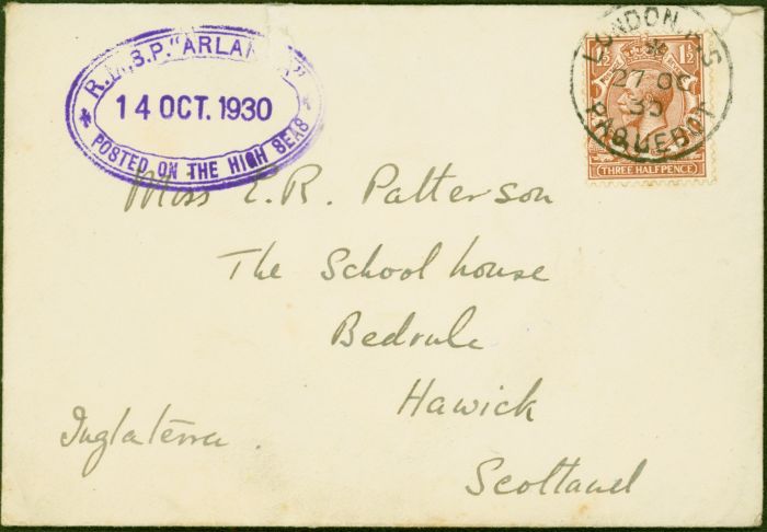 Collectible Postage Stamp from GB 1930 Cover to Scotland PAQUEBOT POSTED ON THE HIGH SEAS Violet Cachet R.M.S.P ATLANTIS