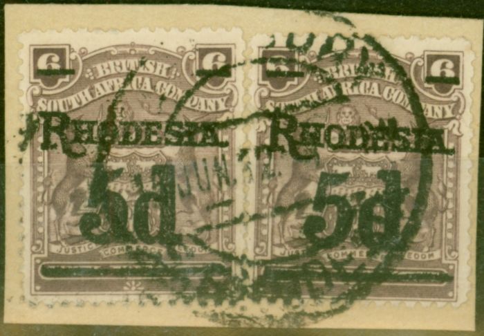 Valuable Postage Stamp from Rhodesia 1909 5d on 6d Dull Purple SG114c x 2 Fine Used on Small Piece