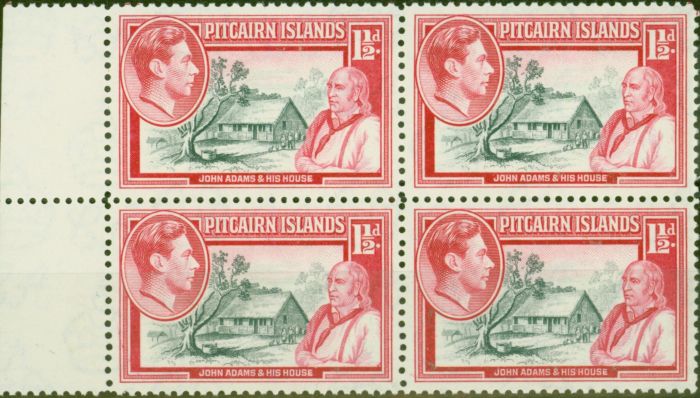 Rare Postage Stamp from Pitcairn Islands 1940 1 1/2d Grey & Carmine SG3 Superb MNH Block of 4