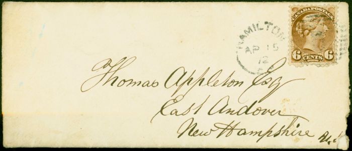 Old Postage Stamp Canada 1872 Cover to New Hampshire Bearing 6c SG86 with Covering Letter