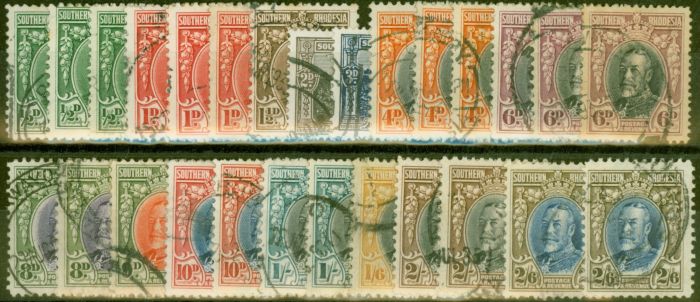 Old Postage Stamp from Southern Rhodesia 1931-37 Extended set of 27 to 2s6d SG15-26a All Perfs Fine Used CV £550+