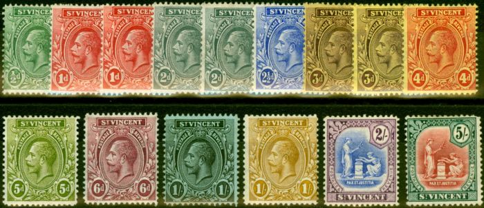 Old Postage Stamp from St Vincent 1913-17 Extended Set of 15 to 5s SG108-120 Good Mtd Mint