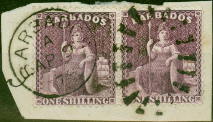 Collectible Postage Stamp Barbados 1878 1s Purple SG81 V.F.U Pair on Piece