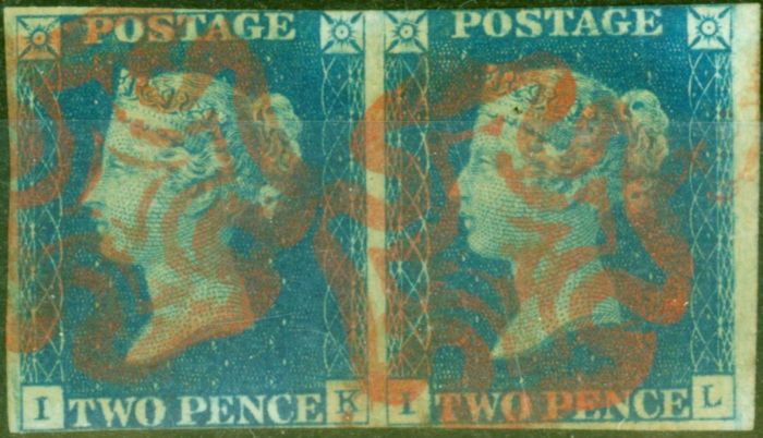 Valuable Postage Stamp from GB 1840 2d Deep Full Blue SG4 (I-K, I-L) Good Used Pair  Lovely Fresh Vivid Colour