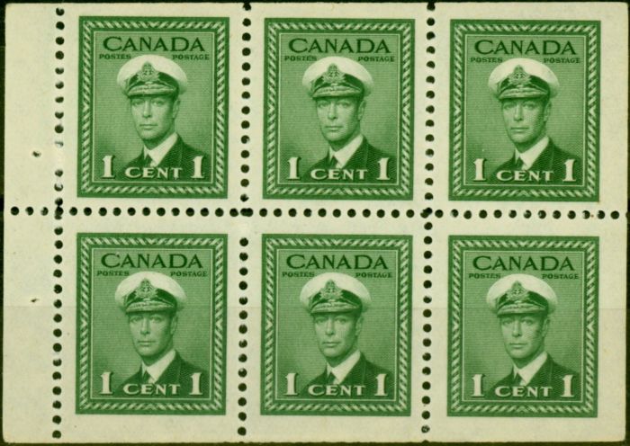 Rare Postage Stamp Canada 1942 1c Green SG375b Booklet Pane of 6 Very Fine MNH