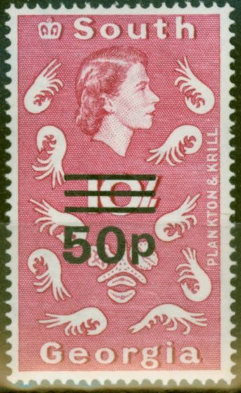 Rare Postage Stamp from South Georgia 1970 50p on 10s Magenta Small P Heijtz # 108a V.F MNH