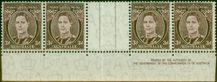 Old Postage Stamp Australia 1941 3d Purple-Brown SG187 V.F MNH Gutter Imprint Strip of 4