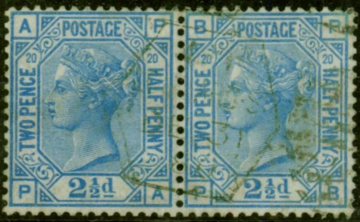 Collectible Postage Stamp from GB 1880 2 1/2d Blue SG142 Pl. 20 Superb Used Pair Light Duplex Cancel Attractive